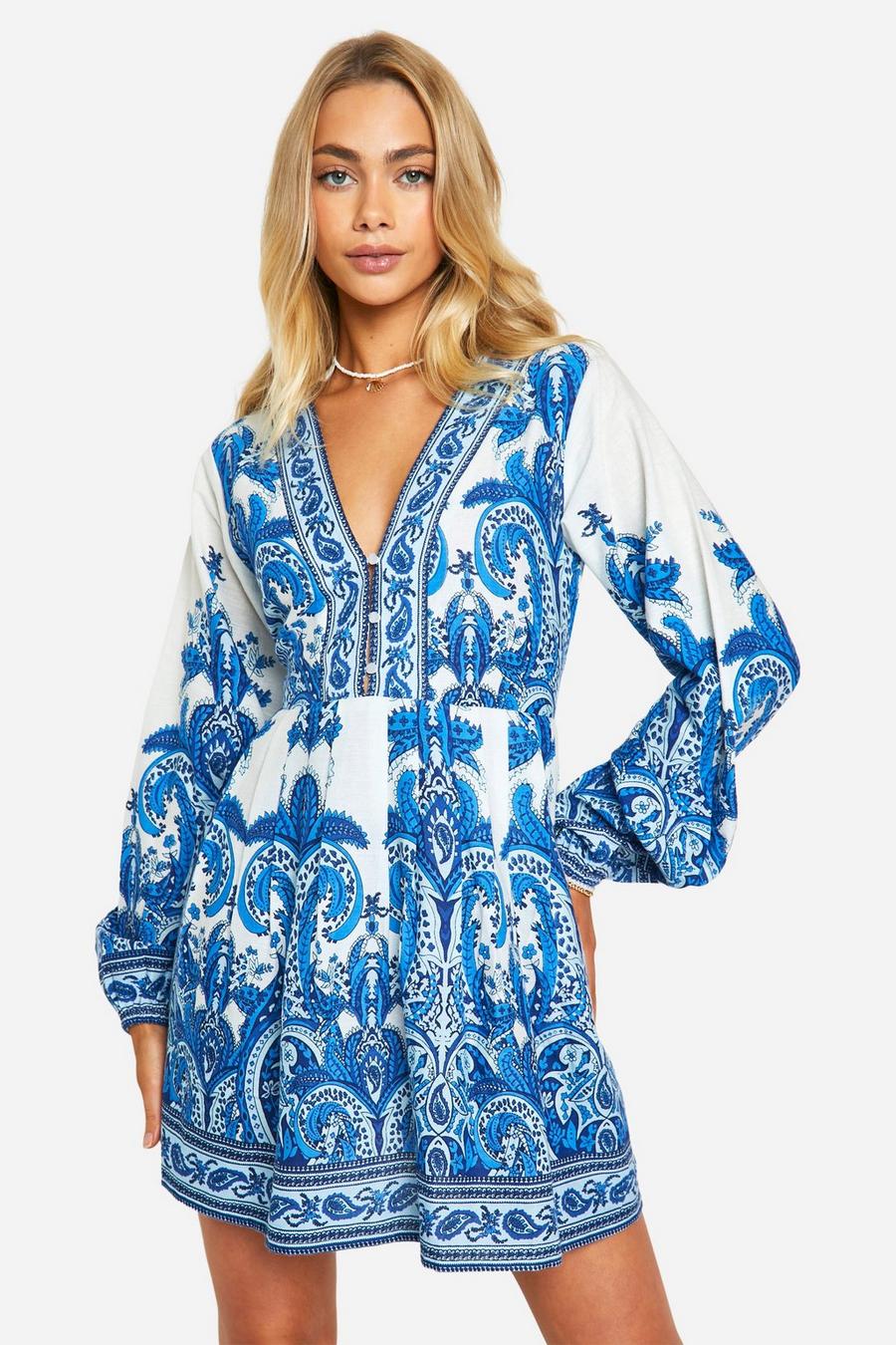 Blue Paisley Printed Smock Dress