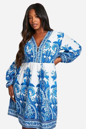 Plus Paisley Print Smock Dress blue