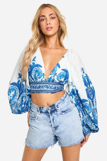 Blue Paisley Print Tie Back Crop Top