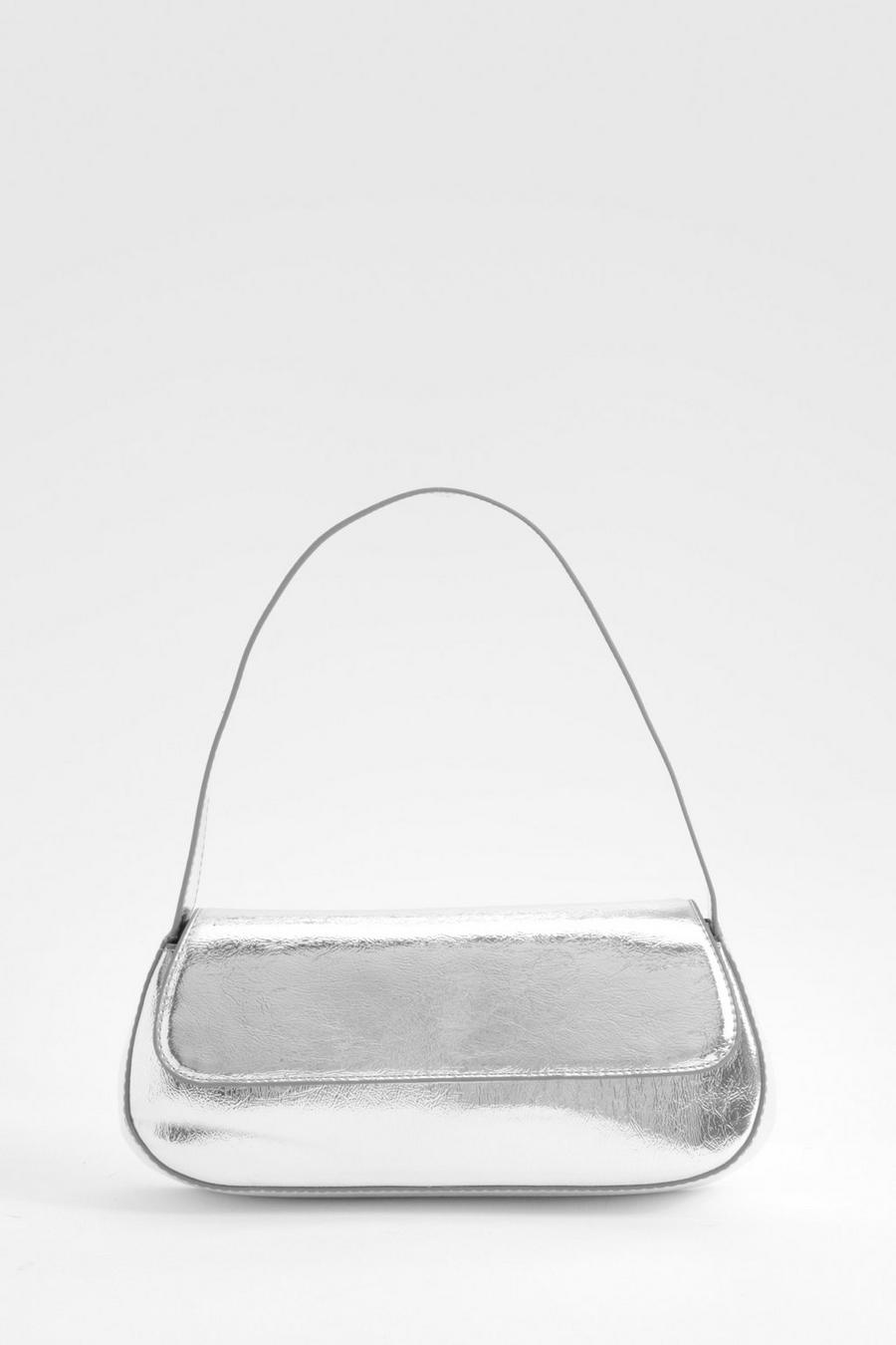 Patent Structured Foldover Shoulder Bag , Silver