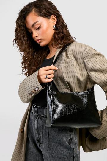 Black Textured Patent Shoulder Bag