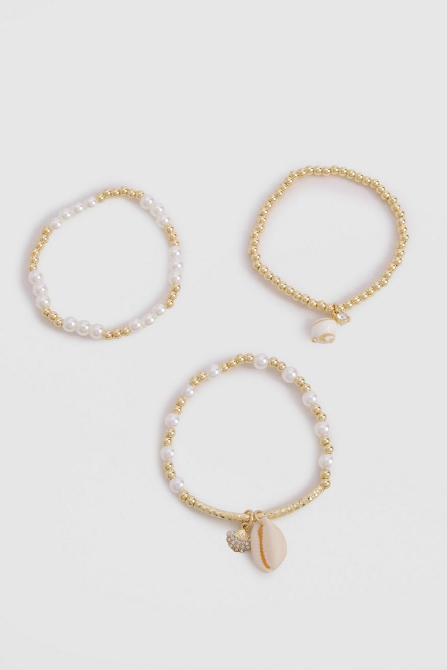 Gold Seashell Pearl Detail 3 Pack Bracelets  image number 1