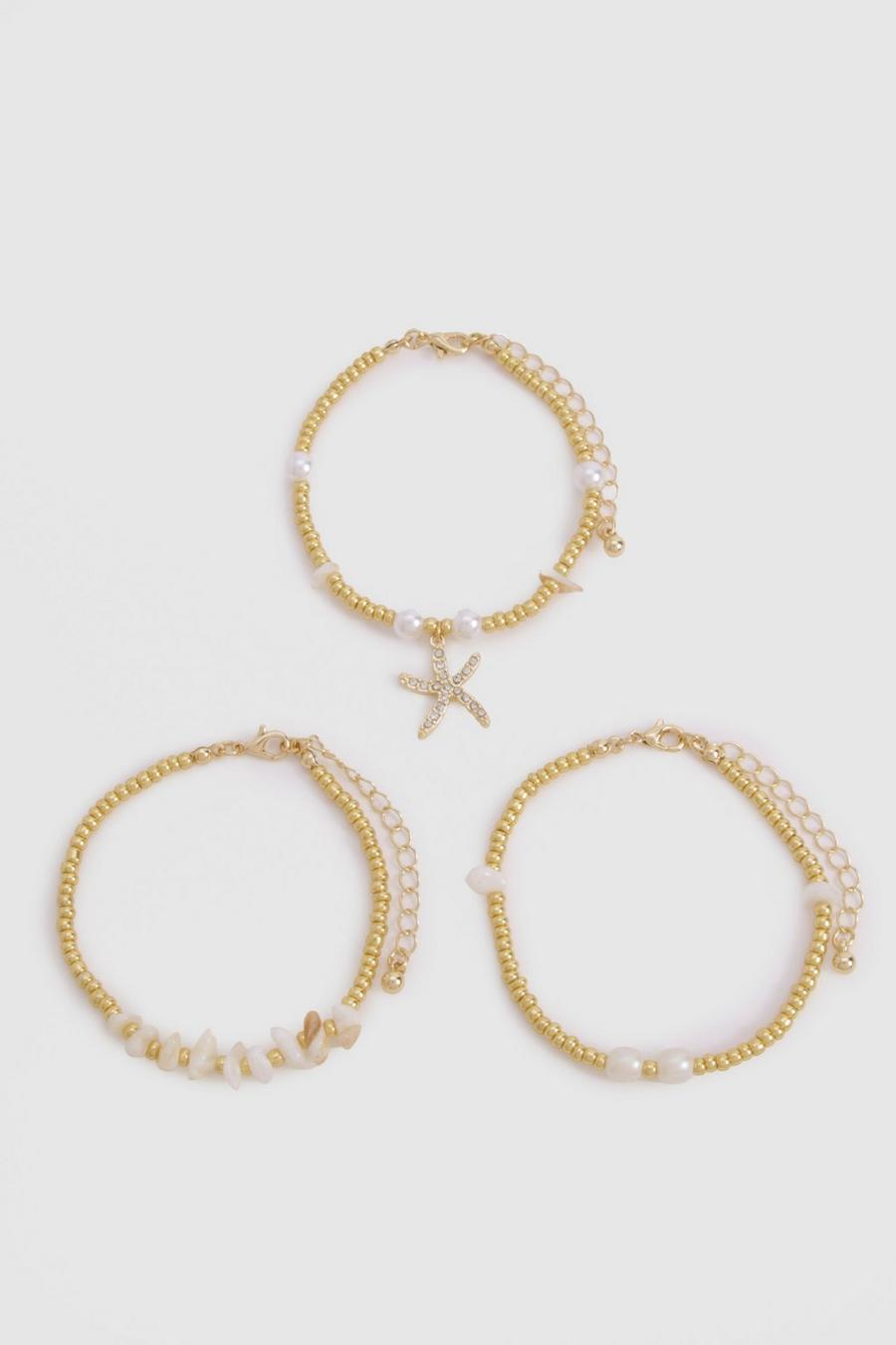 Gold Starfish & Pearl 3 Pack Bracelets 
