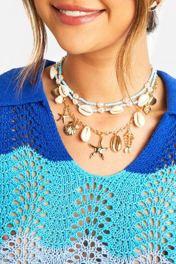 Blue Beaded Shell Layered Charm Necklace gold
