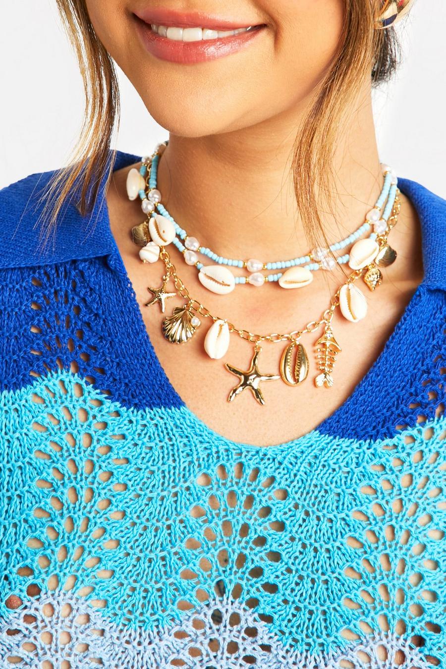 Gold Blue Beaded Shell Layered Charm Necklace