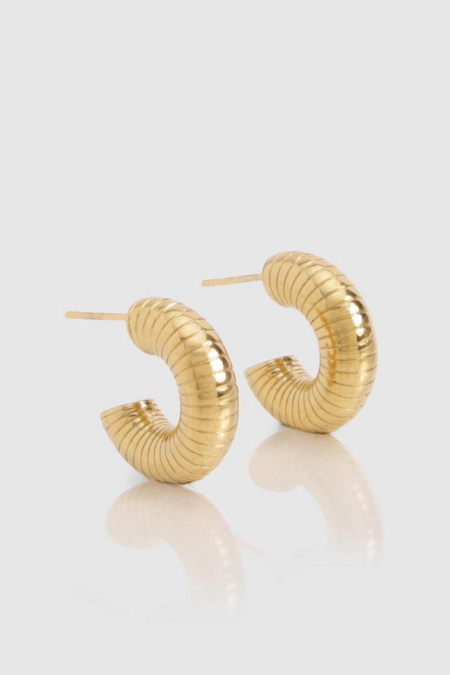 Gold Stainless Steel Ribbed Chunky Hoop Earrings 