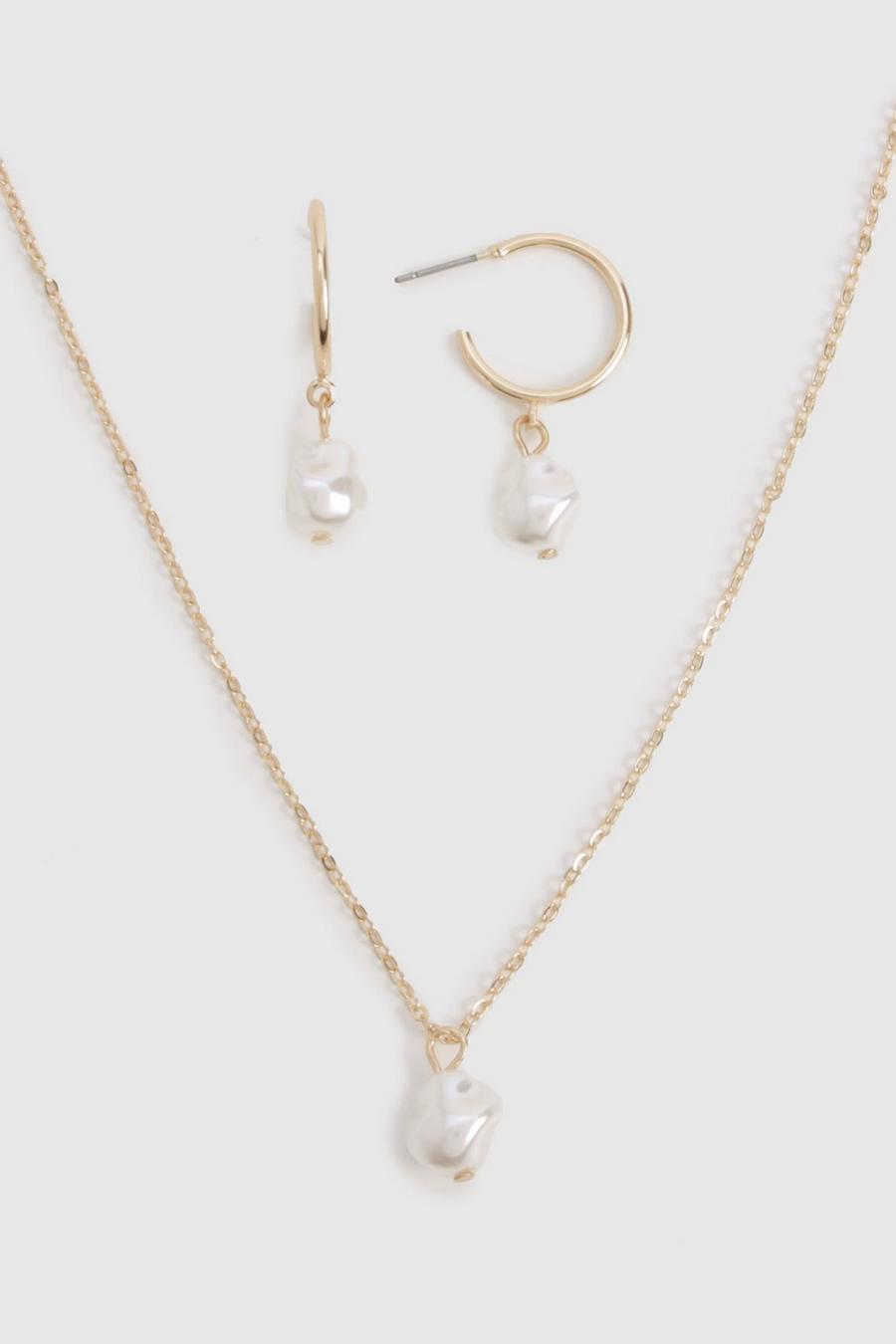 Gold Drop Pearl Hoop Earrings And Necklace Set image number 1