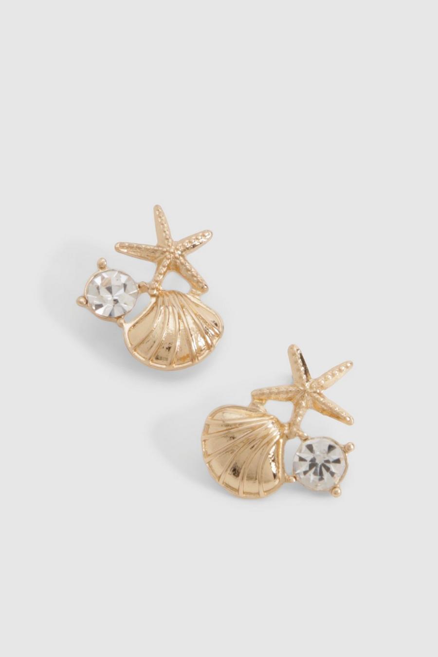Gold Rhinestone Starfish Stud Earrings