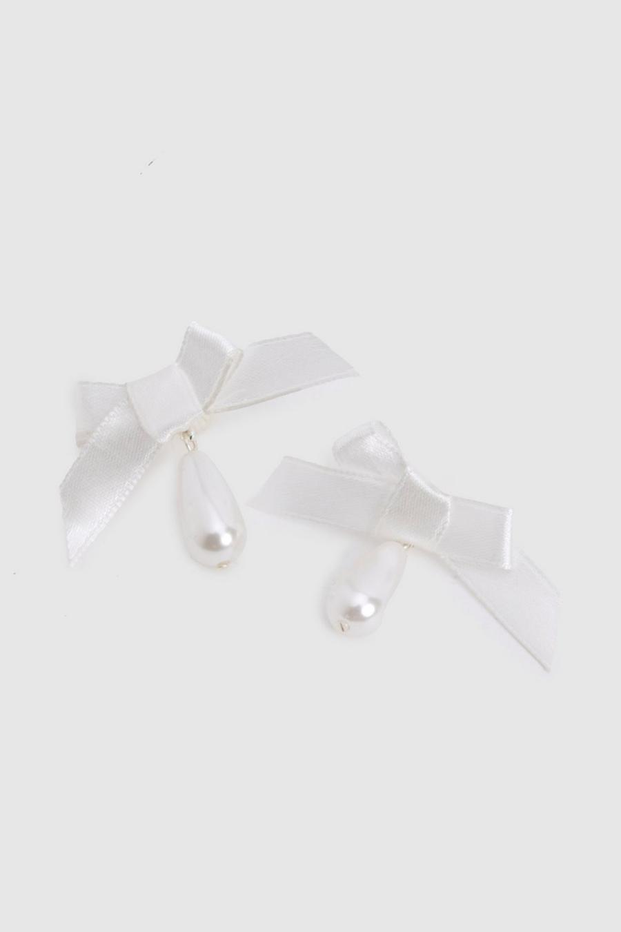 White Satin Bow & Pearl Statement Earrings  