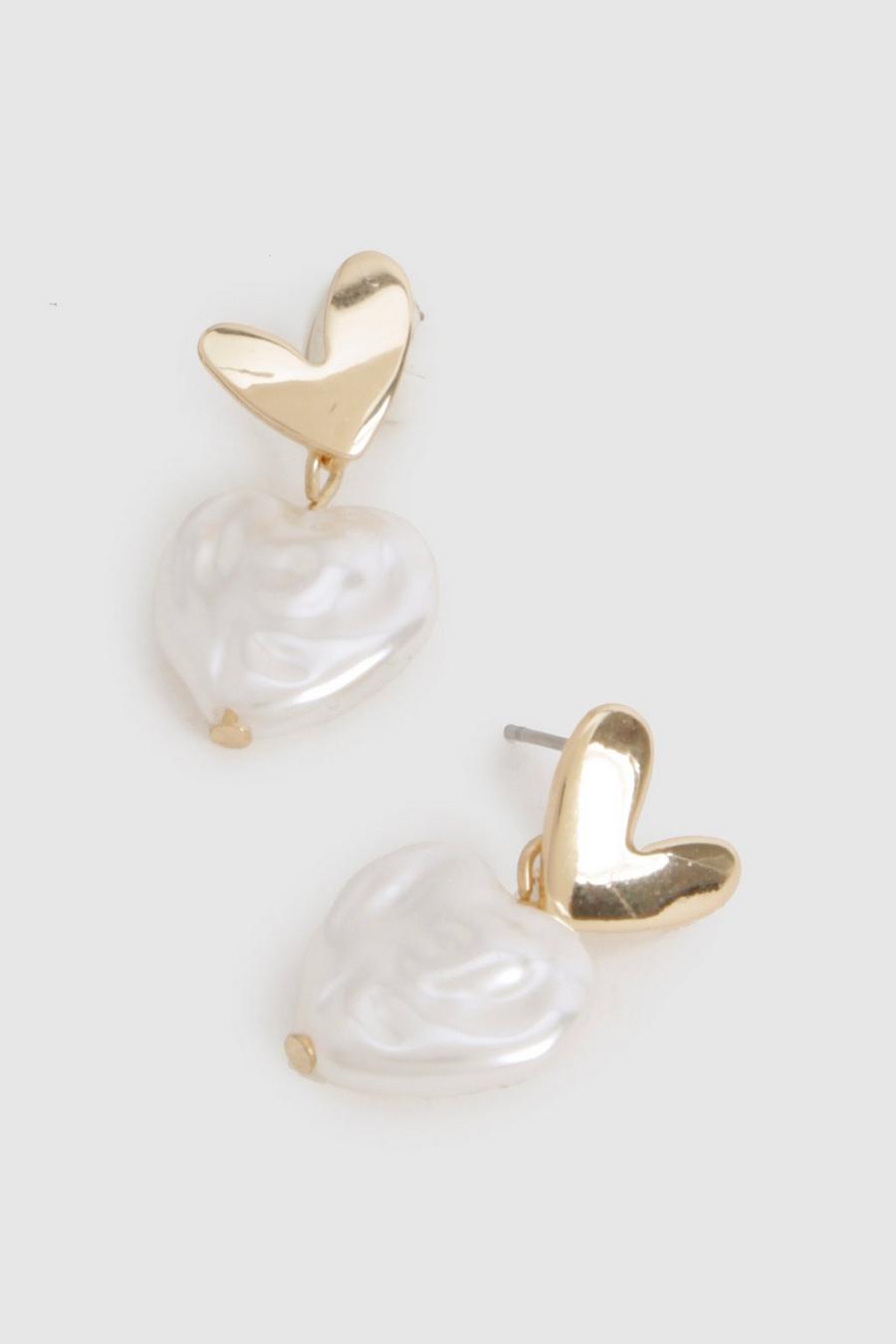 Gold Heart Pearl Drop Earrings