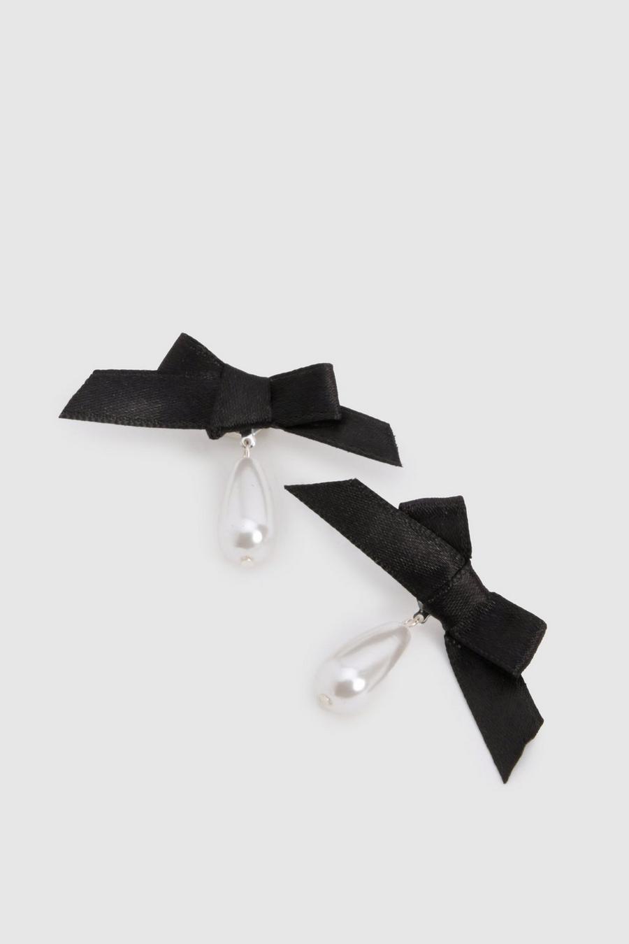 Black Satin Bow & Pearl Statement Earrings 