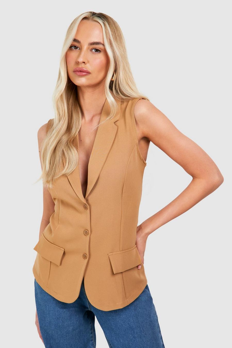 Taupe Tall Woven Button Vest