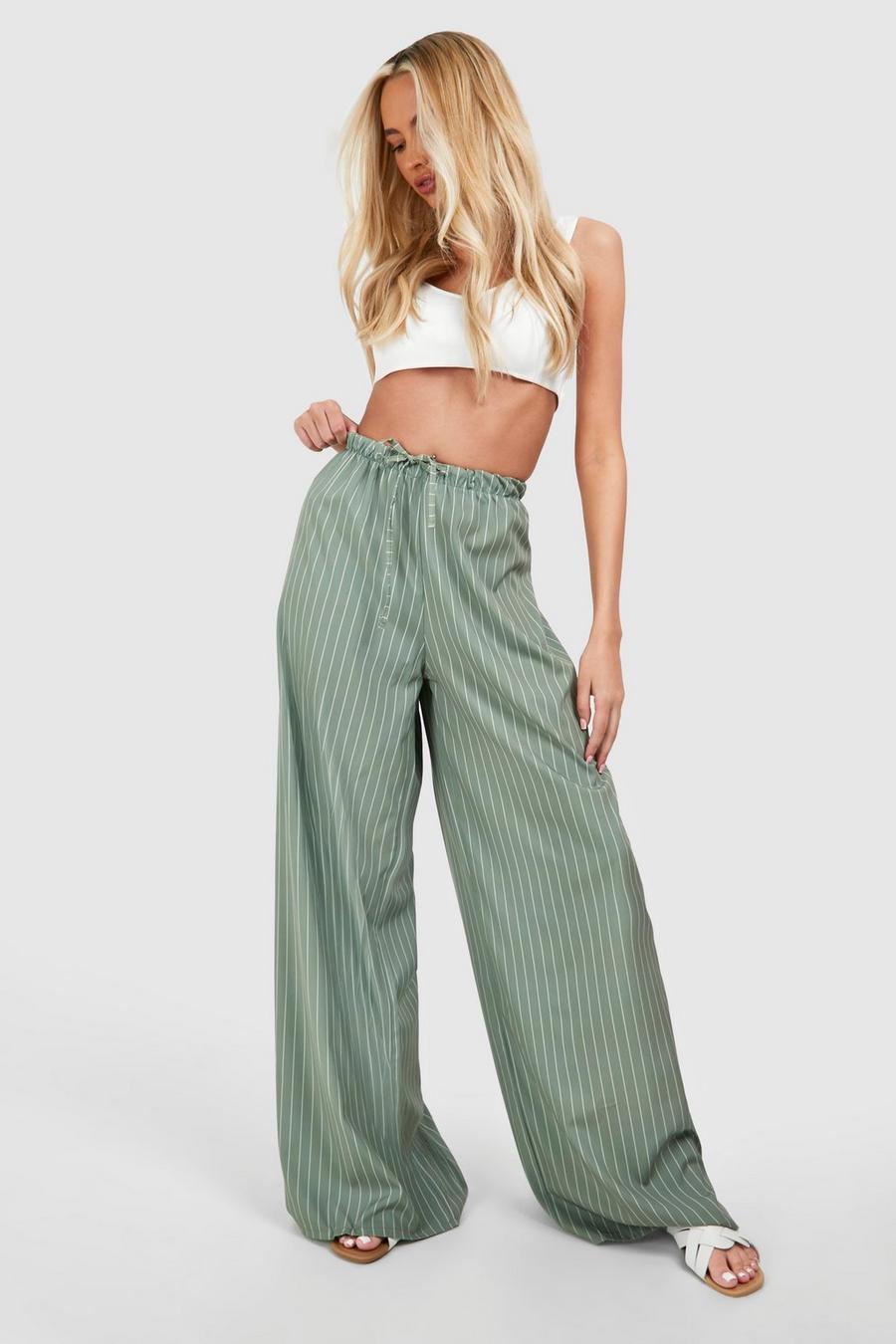 Khaki Tall Woven Stripe Printed Wide Leg Trousers  image number 1