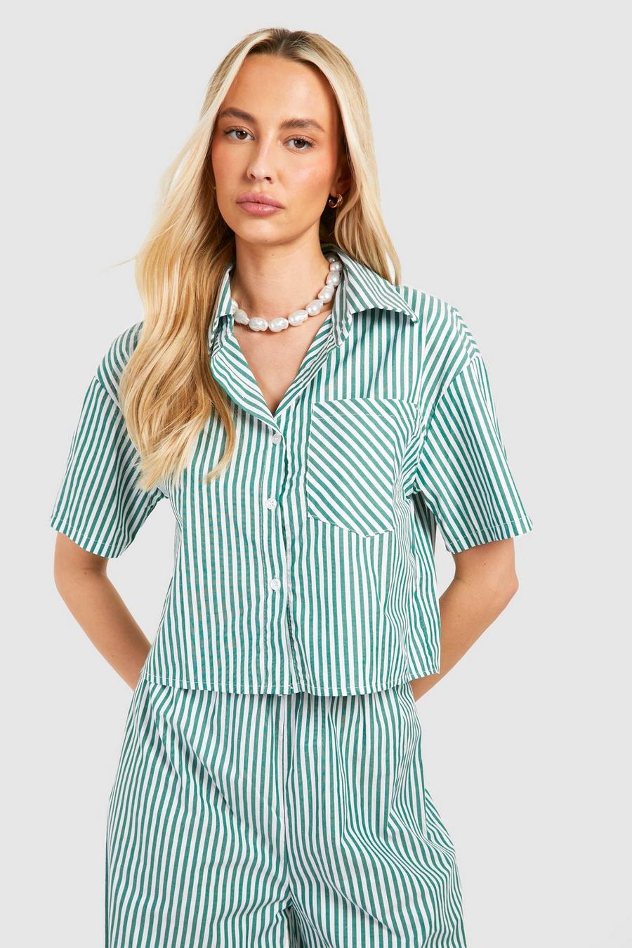 Green Tall Woven Pinstripe Cropped Shirt  image number 1