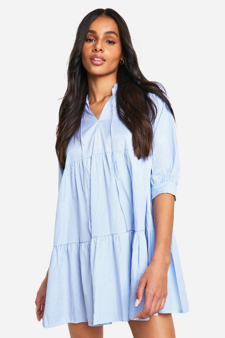 Blue Tall Woven Pinstripe Smock Dress  image number 1