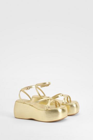 Gold Metallic Metallic Strappy Cross Front Flatform