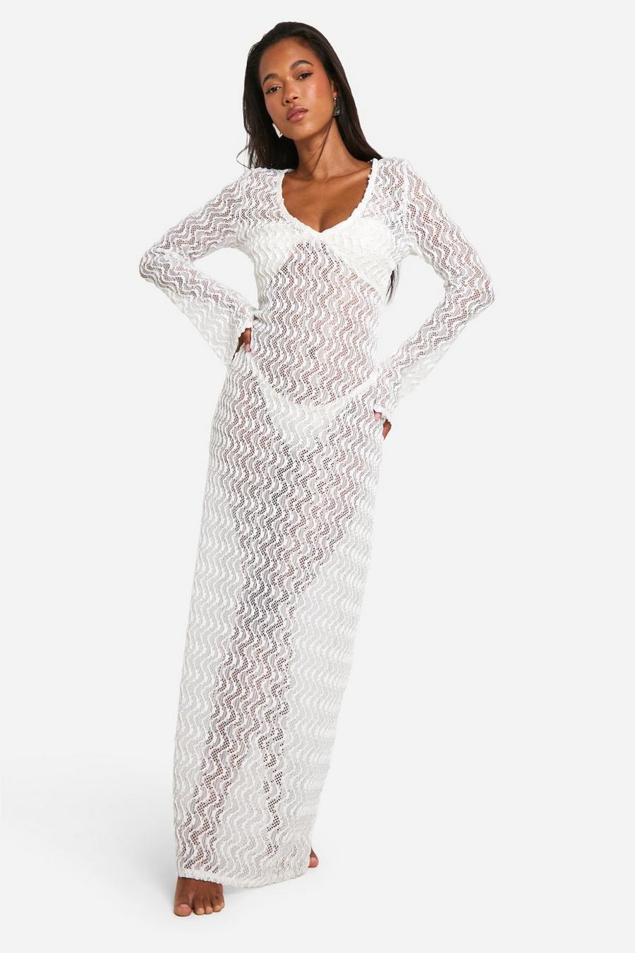 White Textured Lace Beach Maxi Cover-up Dress