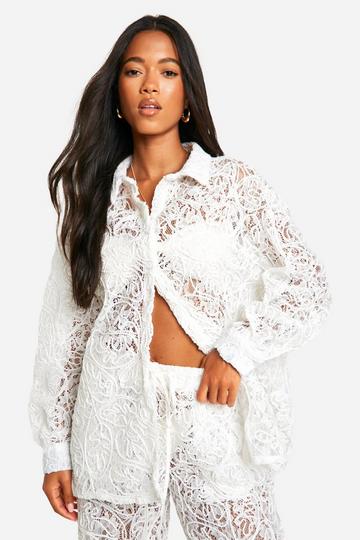 Premium Embossed Lace Crochet Beach Shirt white