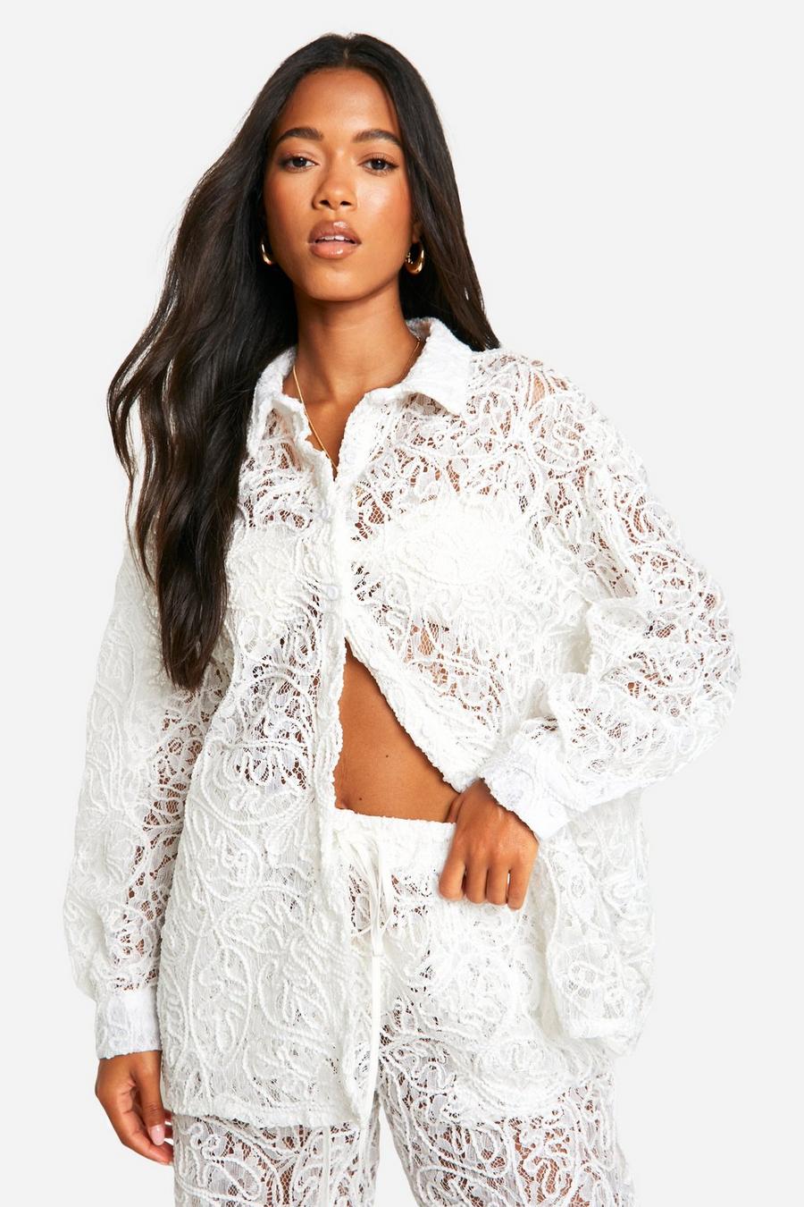 White Premium Embossed Lace Crochet Beach Shirt image number 1