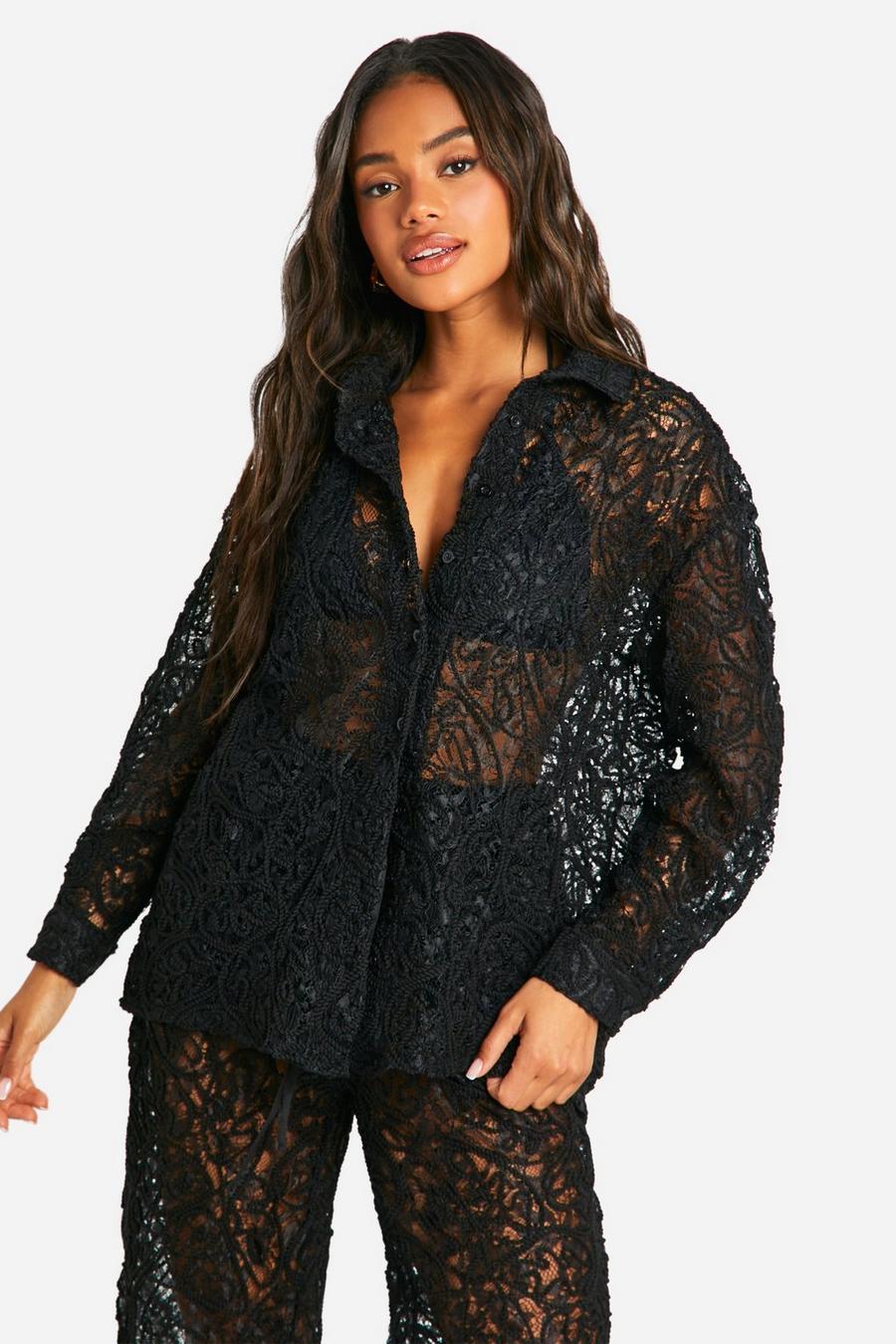 Black Premium Embossed Lace Crochet Beach Shirt image number 1