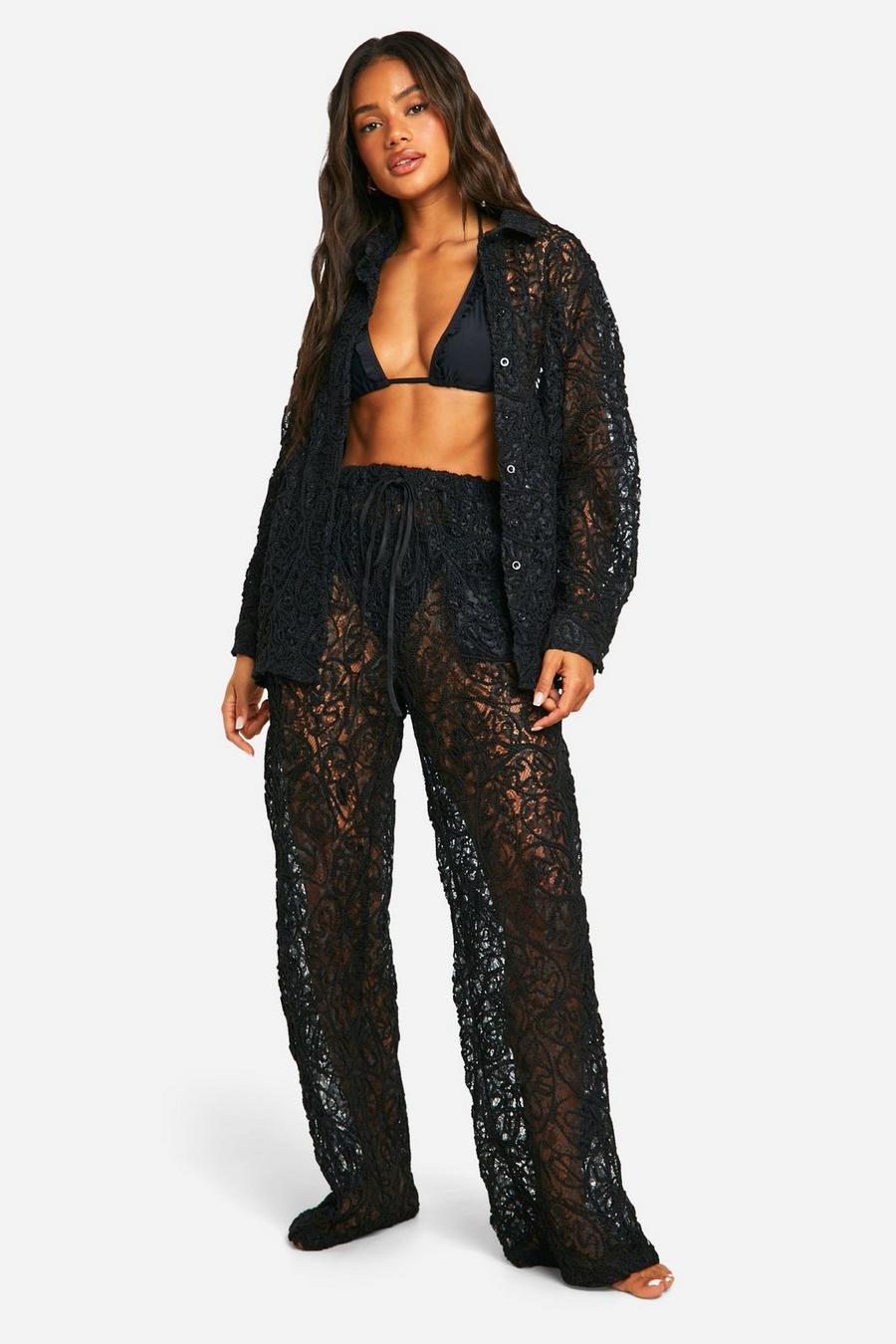 Black Premium Embossed Lace Crochet Beach Trousers