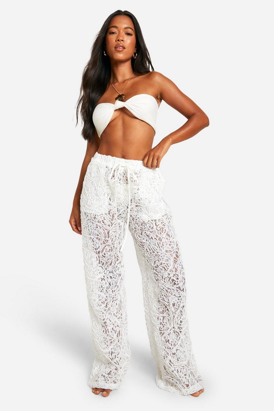 White Premium Embossed Lace Crochet Beach Pants image number 1