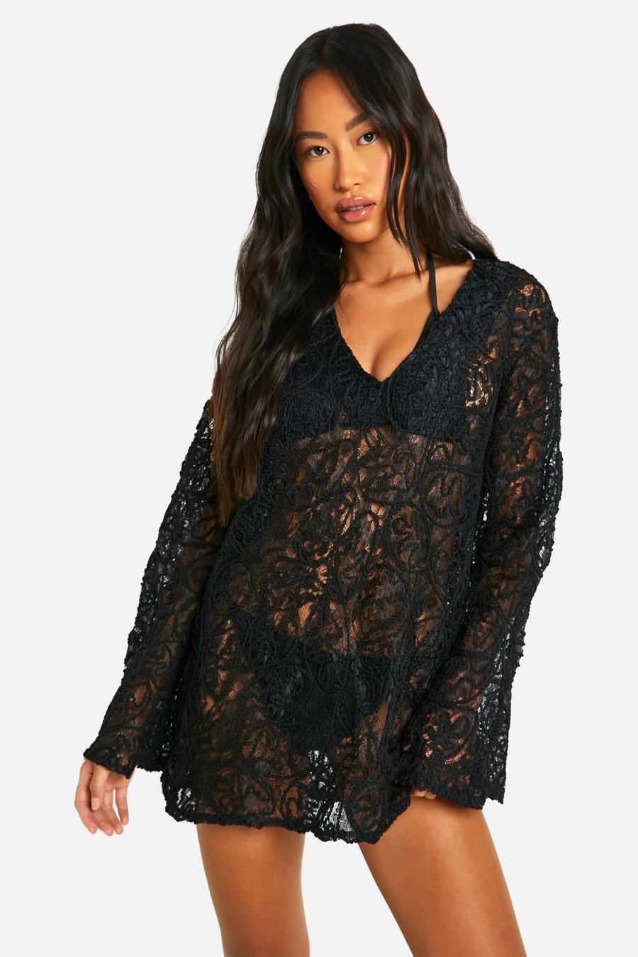 Black Premium Embossed Lace Crochet Beach Cover-up Dress image number 1