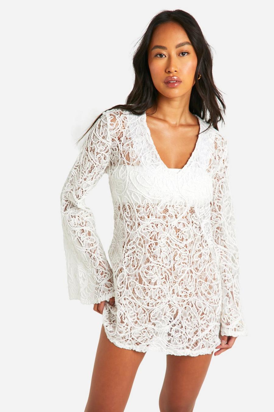 White Premium Embossed Lace Crochet Beach Cover-up Dress image number 1