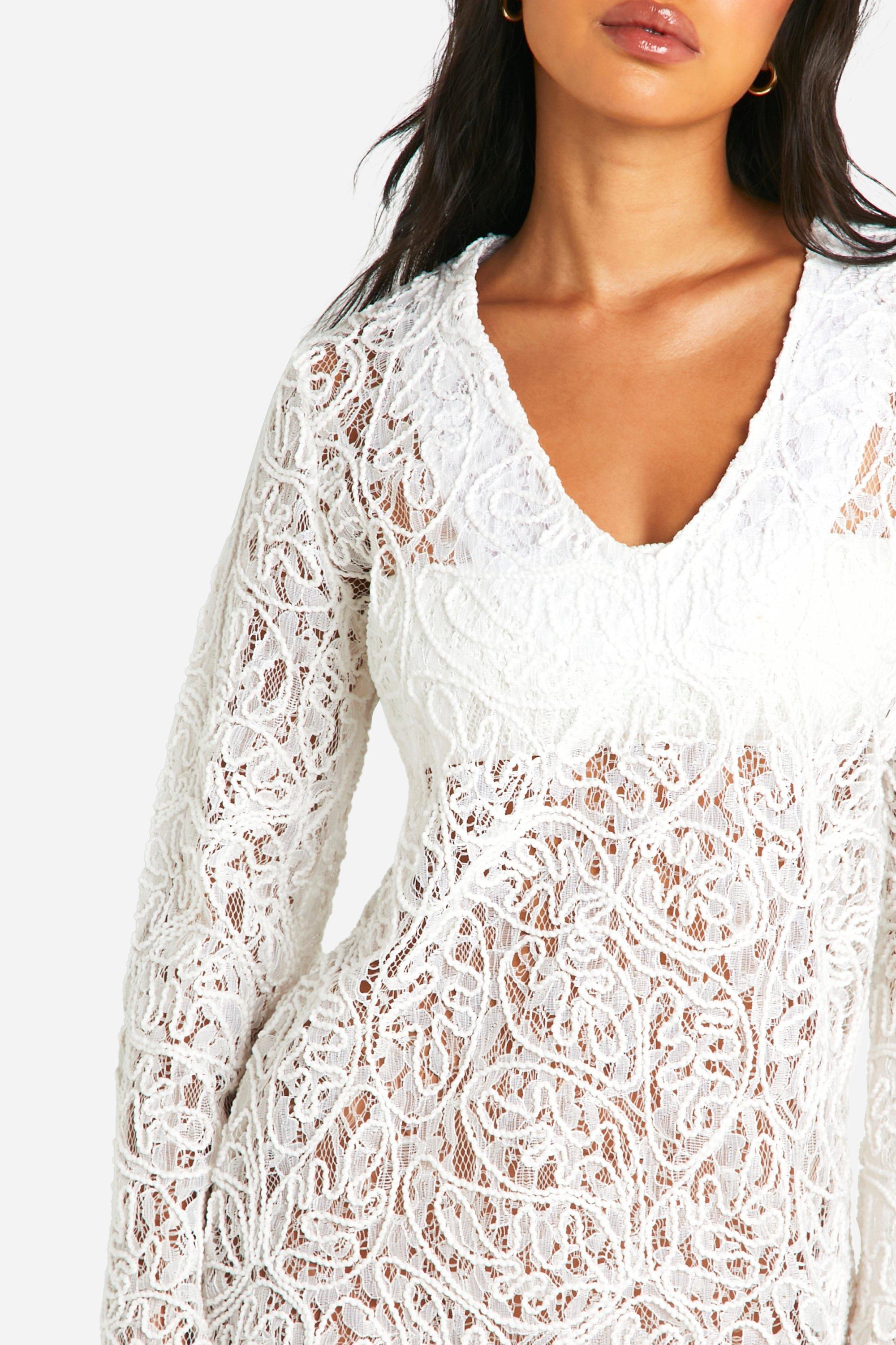 Premium Embossed Lace Crochet Beach Cover up Dress boohoo