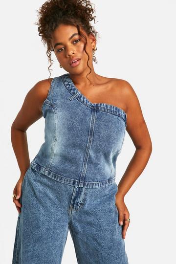 Plus Asymmetric Seam Detail Washed Denim Top washed blue