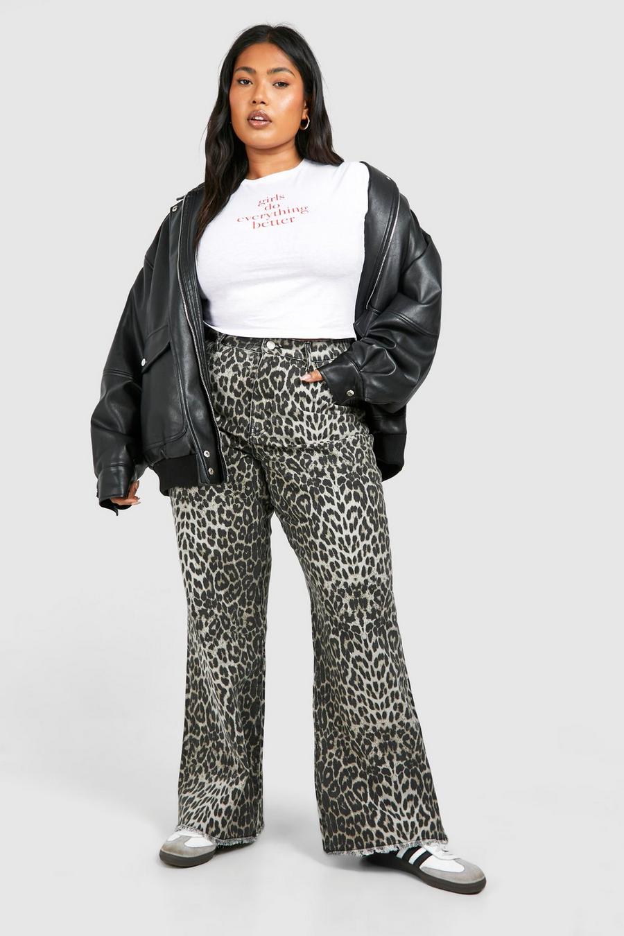 Plus Leopardenprint Jeans mit geradem Bein, Leopard image number 1
