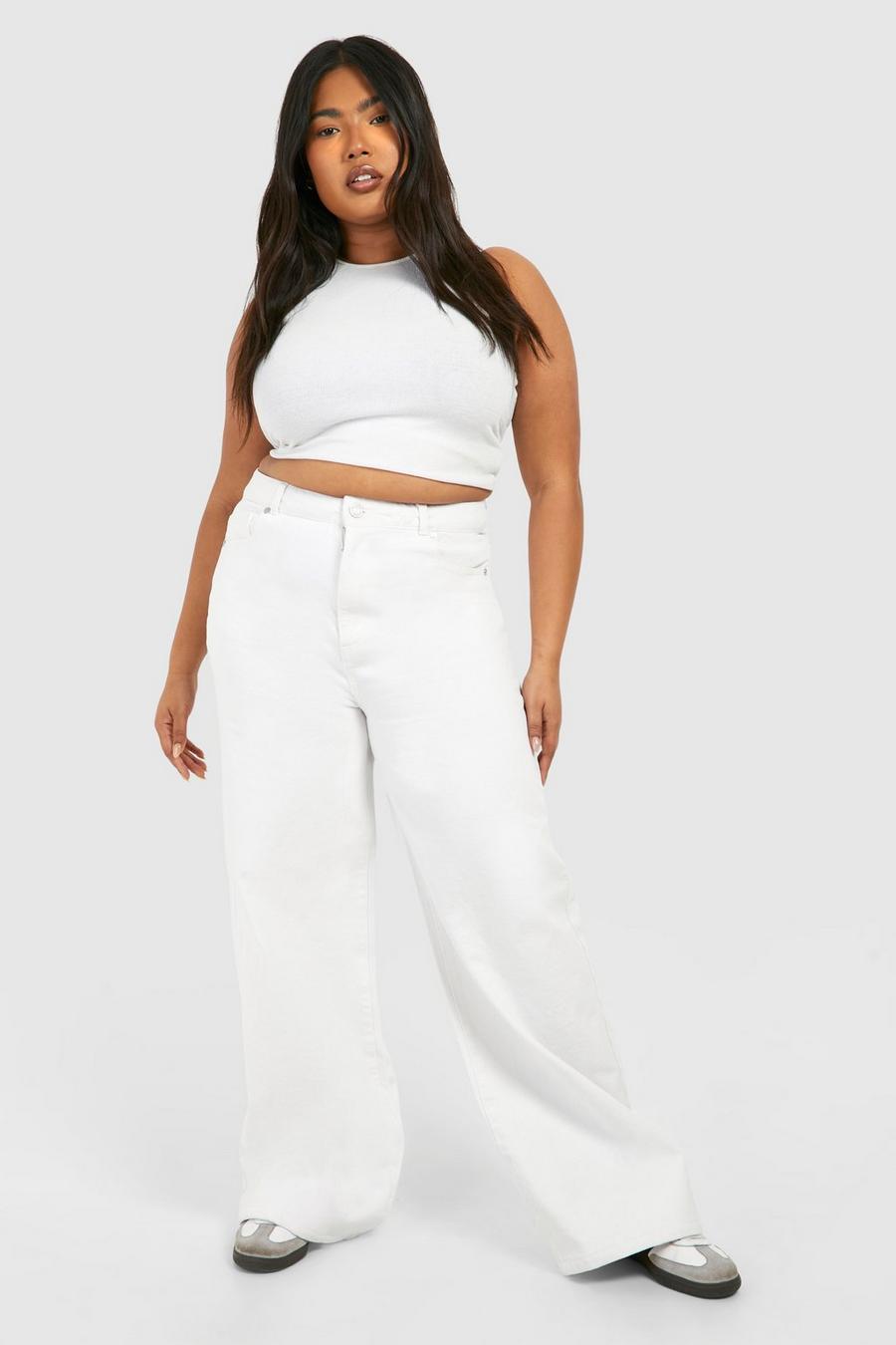 Grande taille - Jean basique super large taille haute, White image number 1
