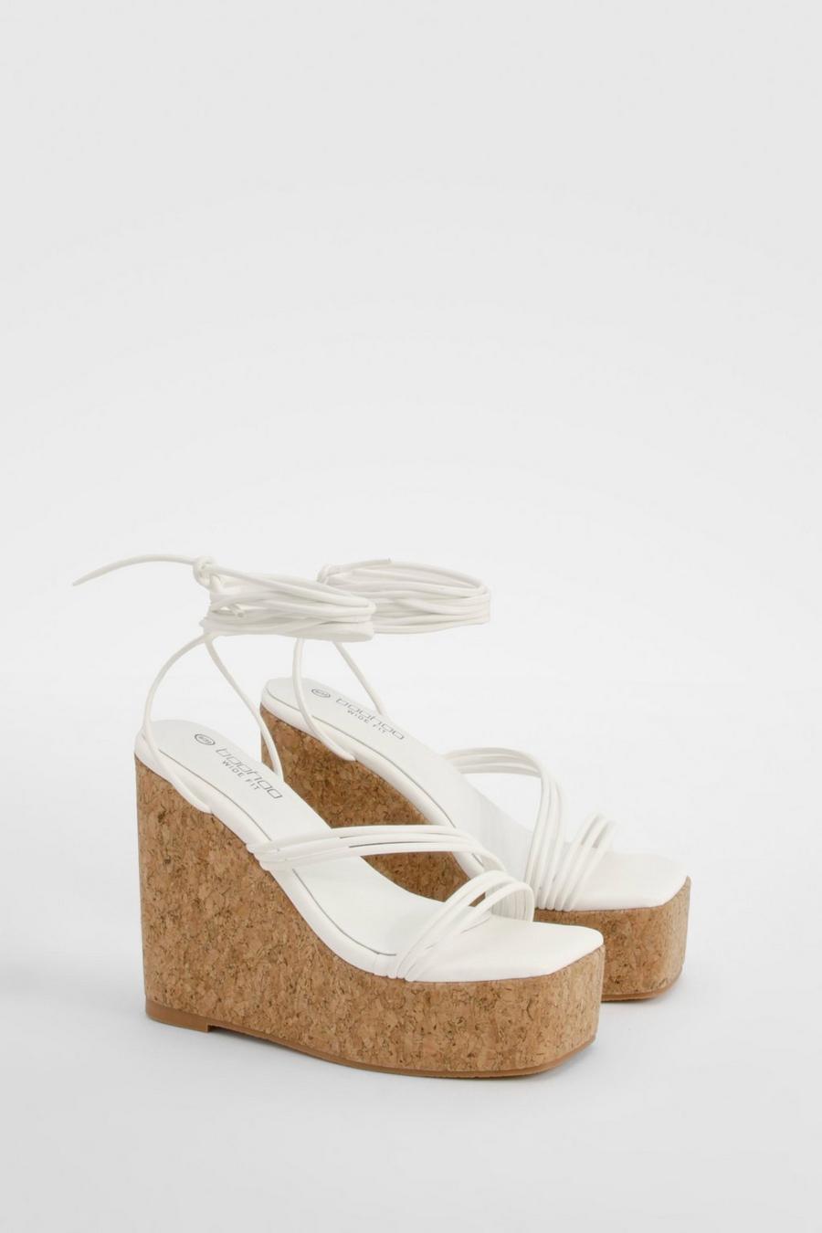 White Wide Fit Strappy Lace Up Cork Wedges image number 1