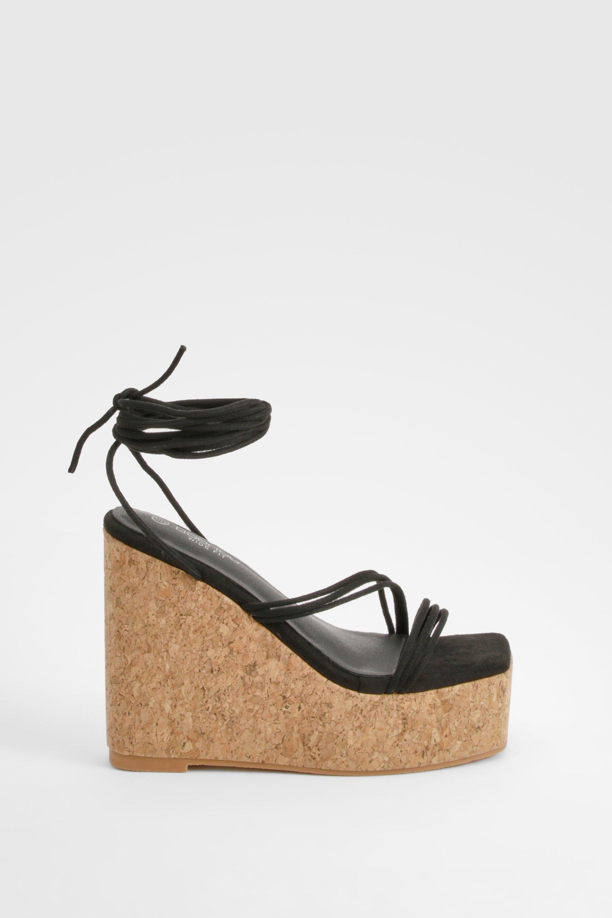 Wide Width Strappy Lace Up Cork Wedges