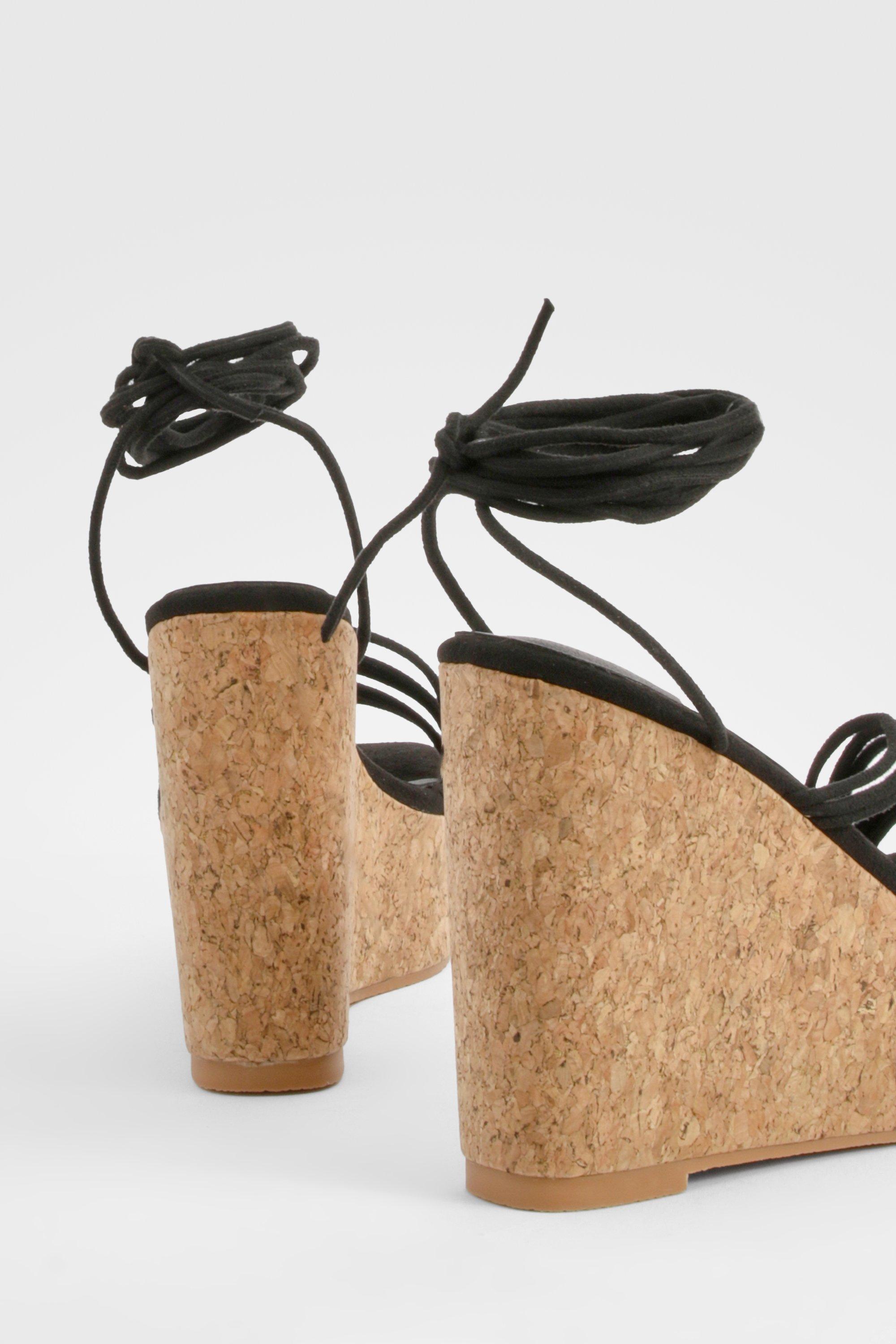 Wide Fit Strappy Lace Up Cork Wedges boohoo AU