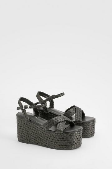 Woven Raffia Cross Over Platform Wedges black