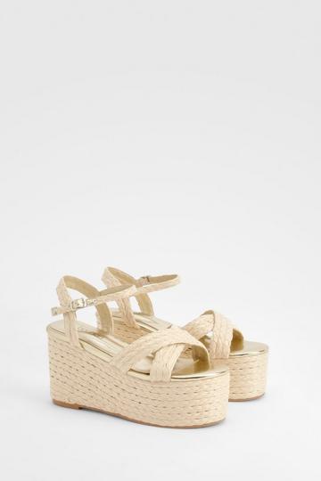 Woven Raffia Cross Over Platform Wedges natural