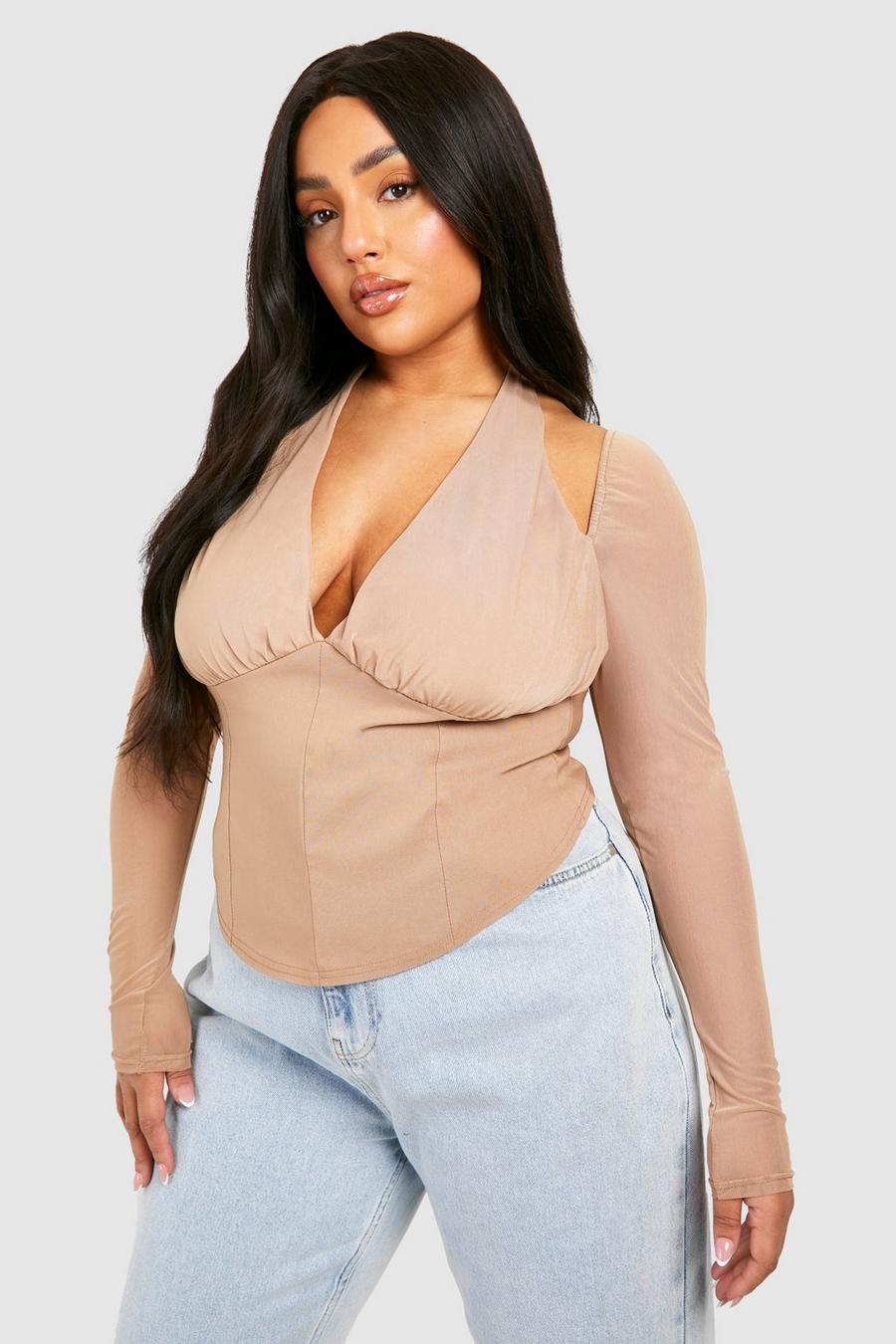 Taupe Plus Mesh And Bengaline Plunge Corset Top image number 1