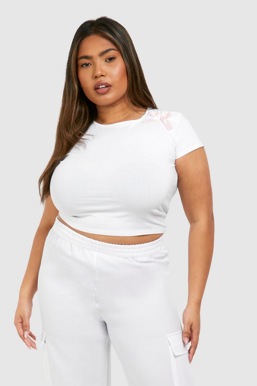 T-shirt Plus Size sagomata con fiocco, White