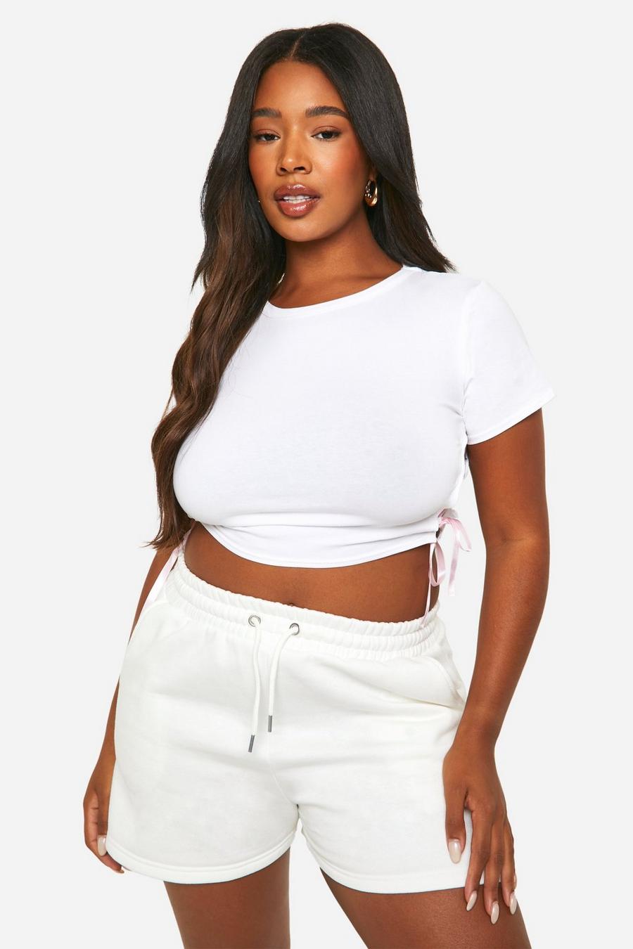 T-shirt Plus Size con laccetti e fiocco, White image number 1