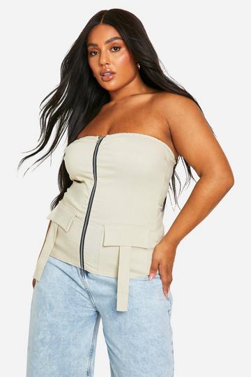 Plus Bandeau Zip Up Pocket Detail Top pebble