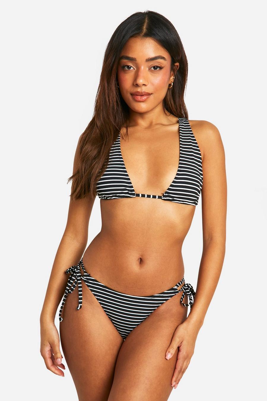 Black Mono Stripe Rib Wide Triangle Bikini Top image number 1