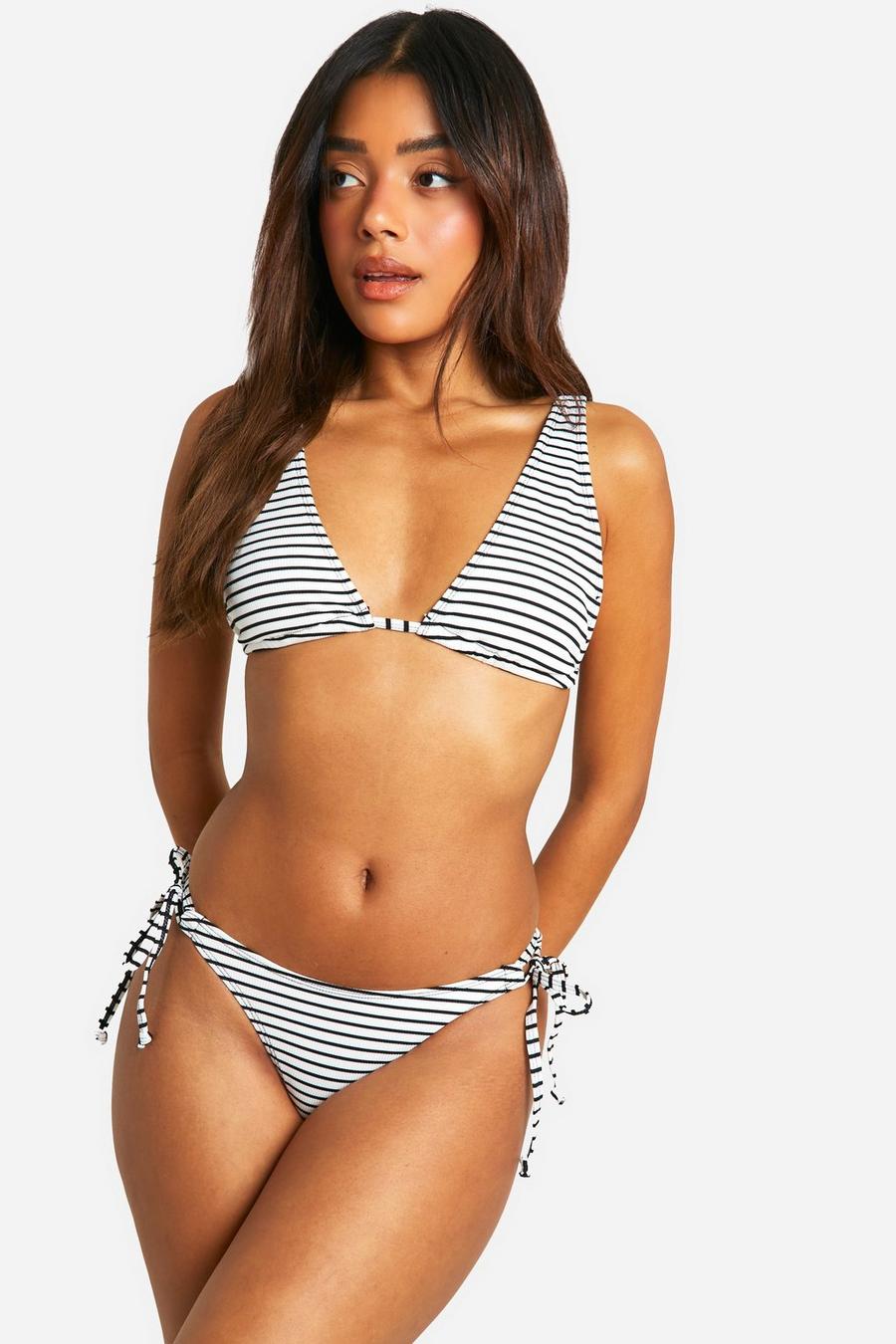 White Mono Stripe Rib Tie Side Bikini Brief  image number 1