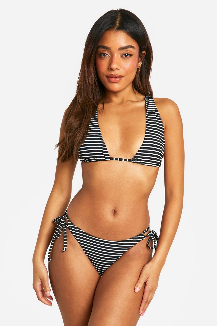 Black Mono Stripe Rib Tie Side Bikini Brief image number 1