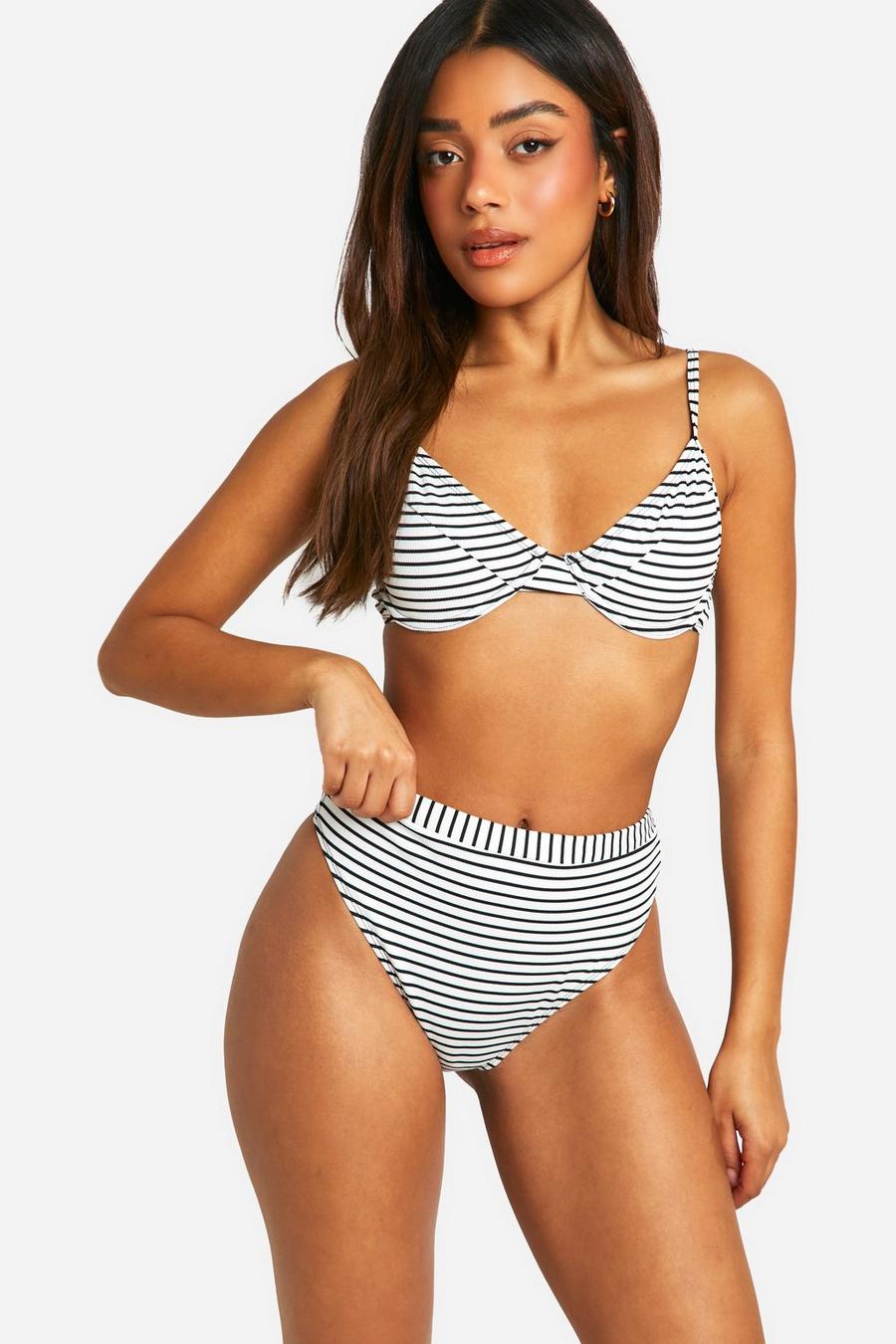 White Mono Stripe Rib High Waisted Bikini Brief image number 1