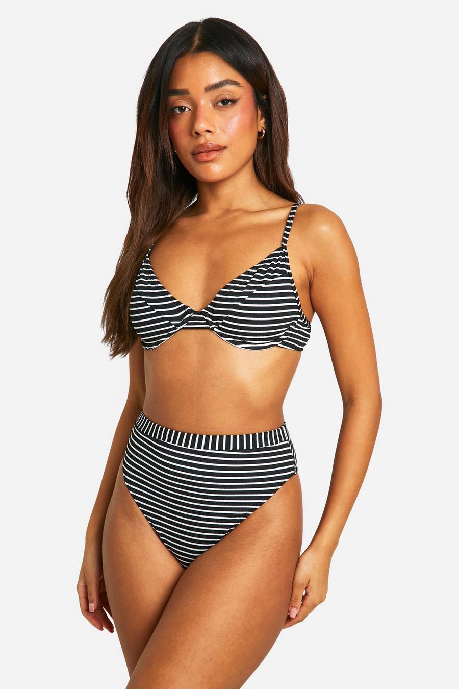 Black Mono Stripe Rib High Waisted Bikini Brief image number 1