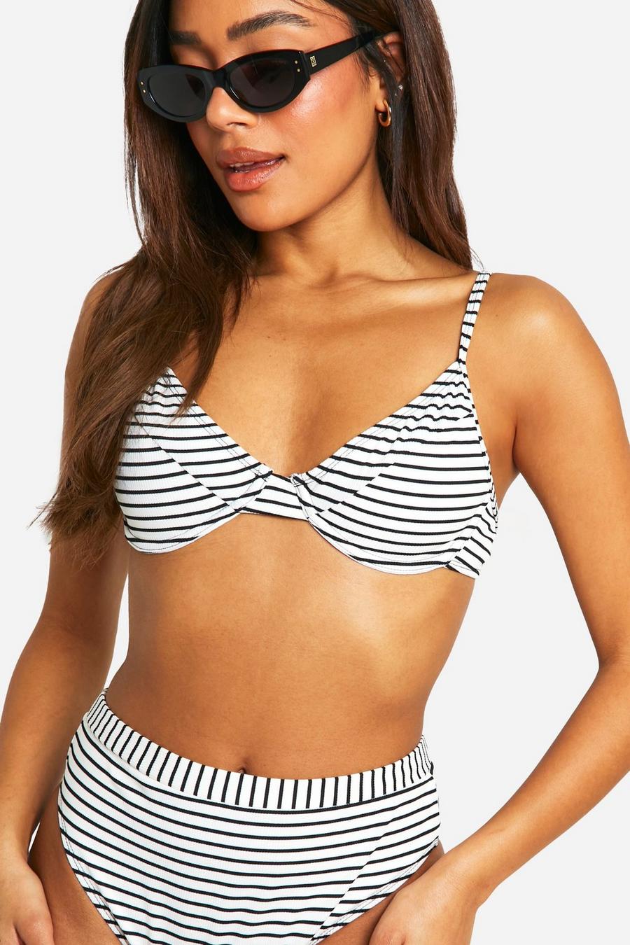 White Mono Stripe Rib Underwired Bikini Top image number 1