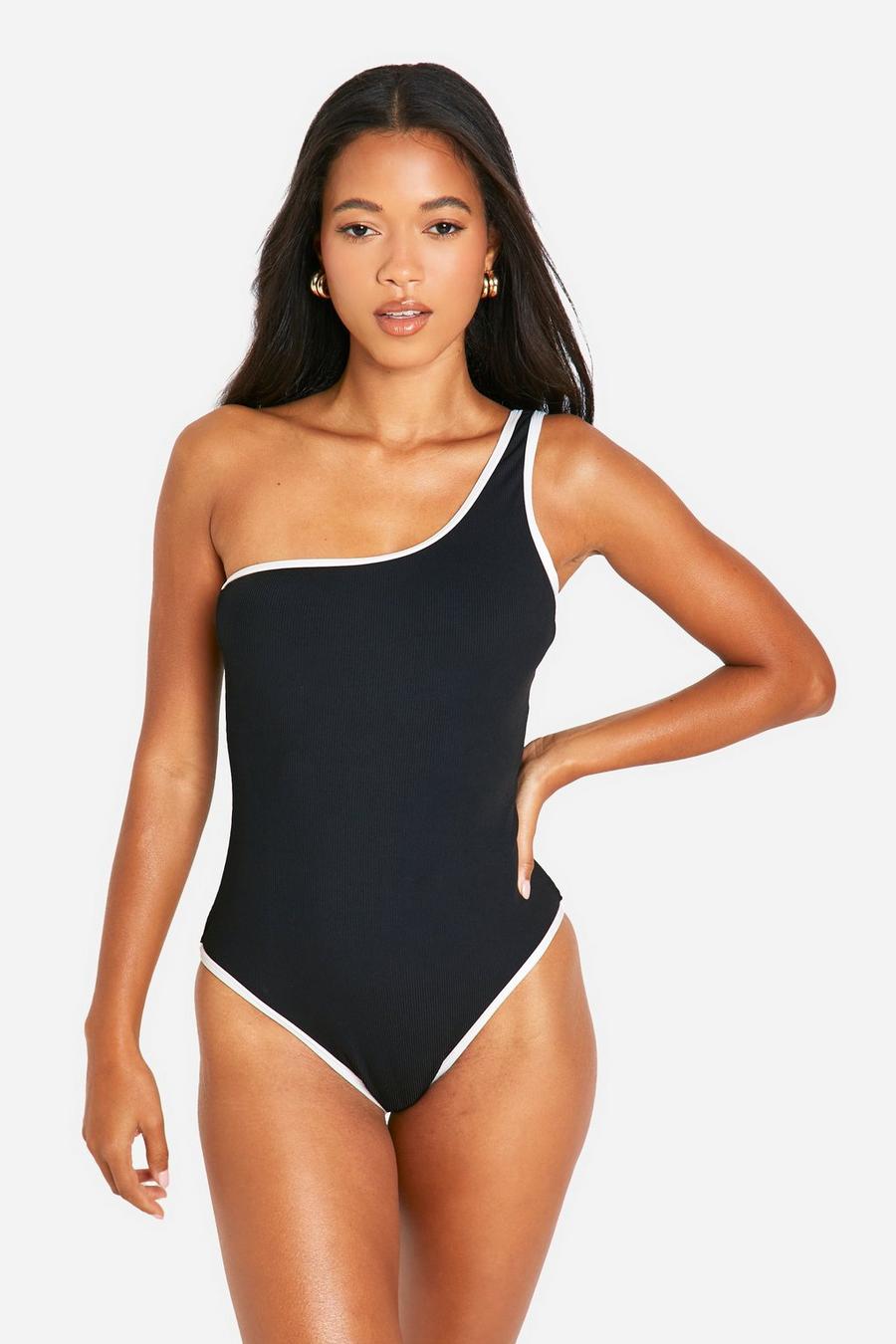 Black Contrast Binding Ribbed One Shoulder Swimsuit image number 1
