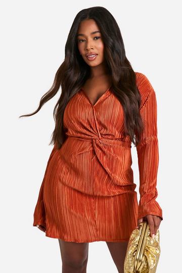 Rust Orange Plus Plisse Twist Front Shirt Dress