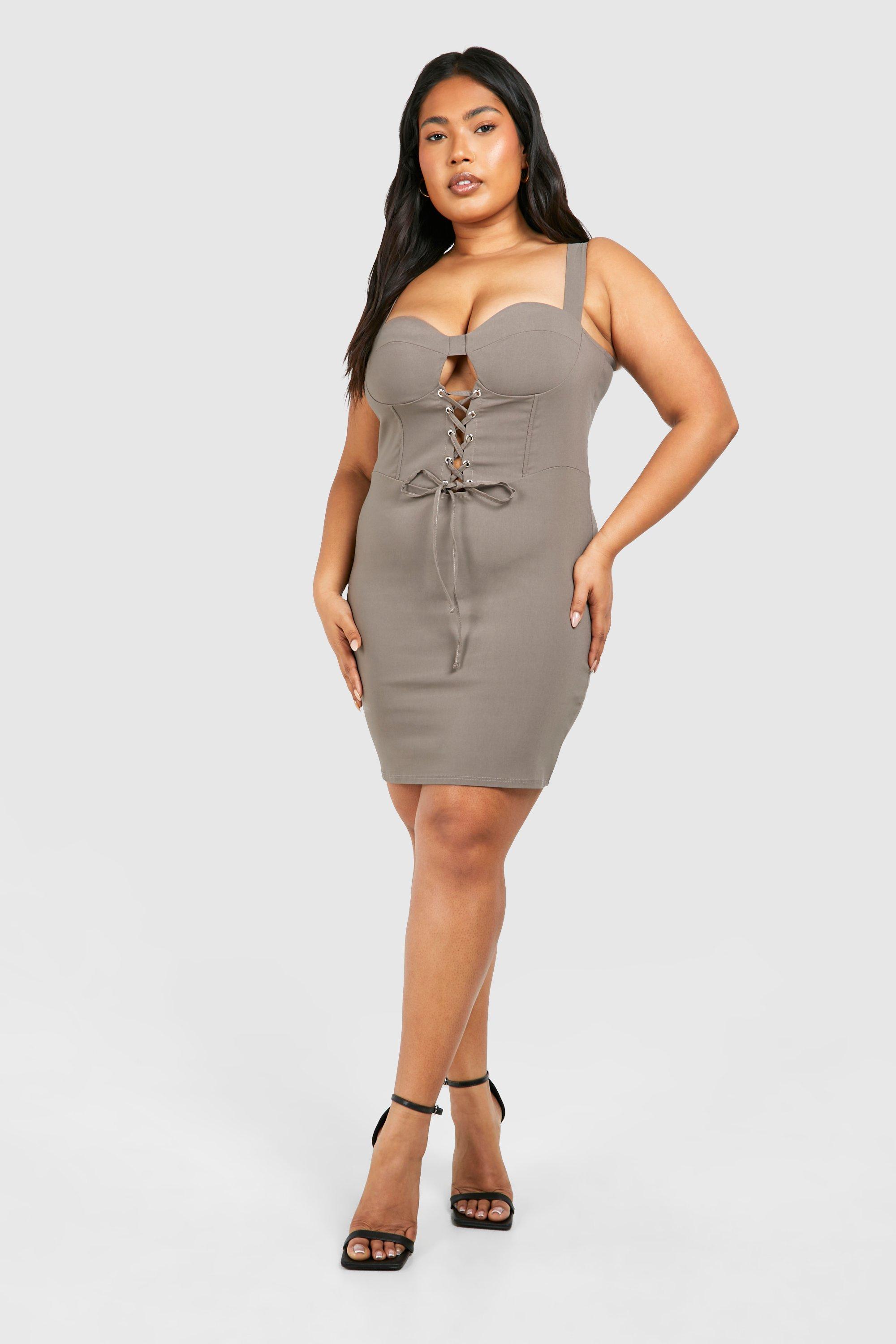 Plus Bengaline Lace Up Bodycon Dress boohoo UK